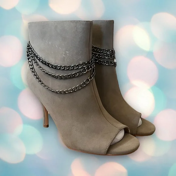 Juliet Holy Women’s Gray Beige Chain Stiletto Heel Peep Toe Ankle Boots Size 8 - Picture 2 of 7